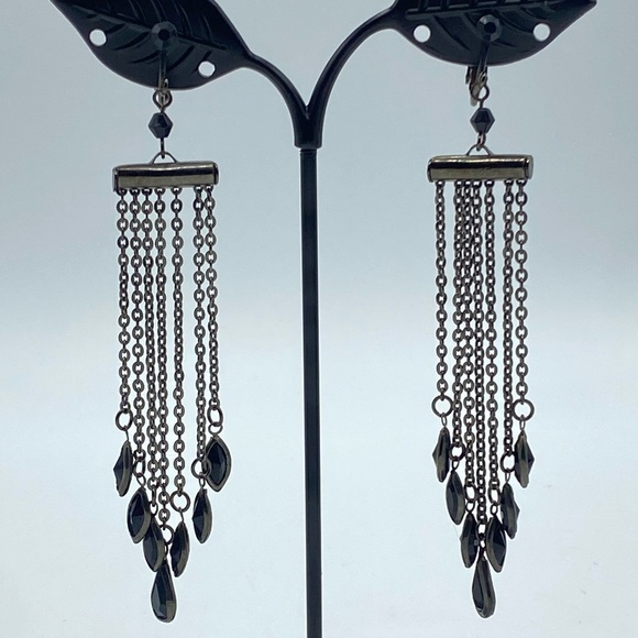 Gunmetal Black Crystal Earrings Chandelier Dangle Drop Clip On Non Pierced Goth - Picture 1 of 5